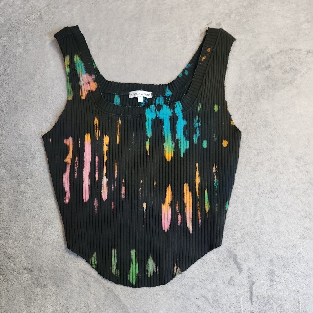 Cotton Citizen Ibiza Crop Tank Top Size L Black Multi Paint Splatter Tie Dye Rib
